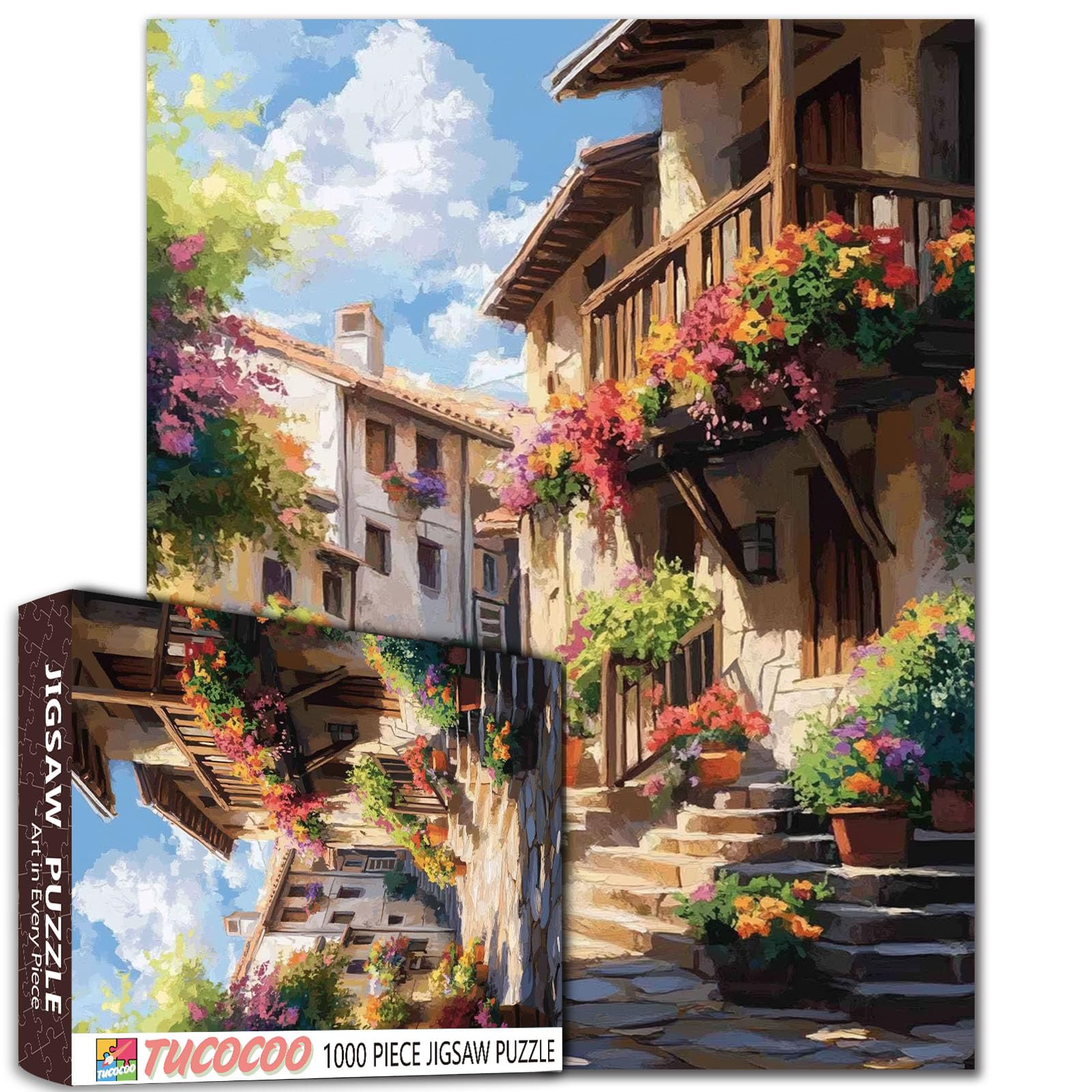 千P③花ガーデン階段口ジグソーパズル　アルミ額50×74㎝完成　油絵作名　極美品 Amazon | 大人向けの面白いジグソーパズル - 花の街のパズル - 1000